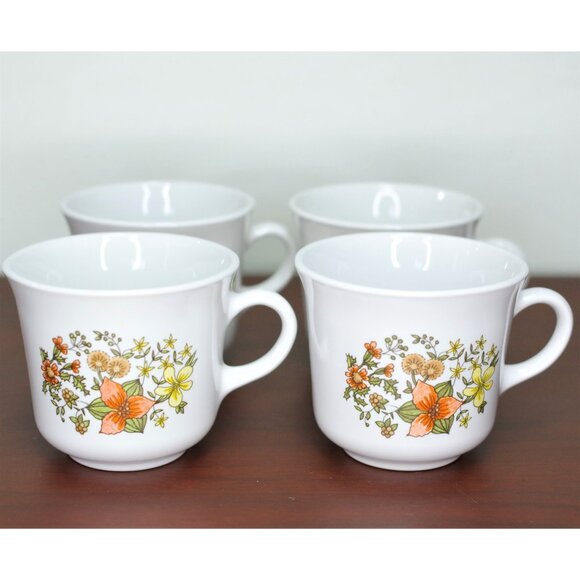 Set of 4 Corelle Tea Cups "Indian Summer" Coffee Cups Floral Trillium Primrose - Picture 1 of 6